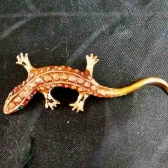 VTG PERIOD STYLE LIZARD BROOCH BROWN GLAZED ENAMEL WITH GREEN RHINESTONE EYES - Picture 1 of 5